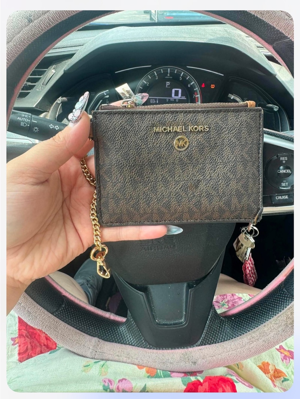 Michael Kors Brown Logo Card Case with Gold Chain